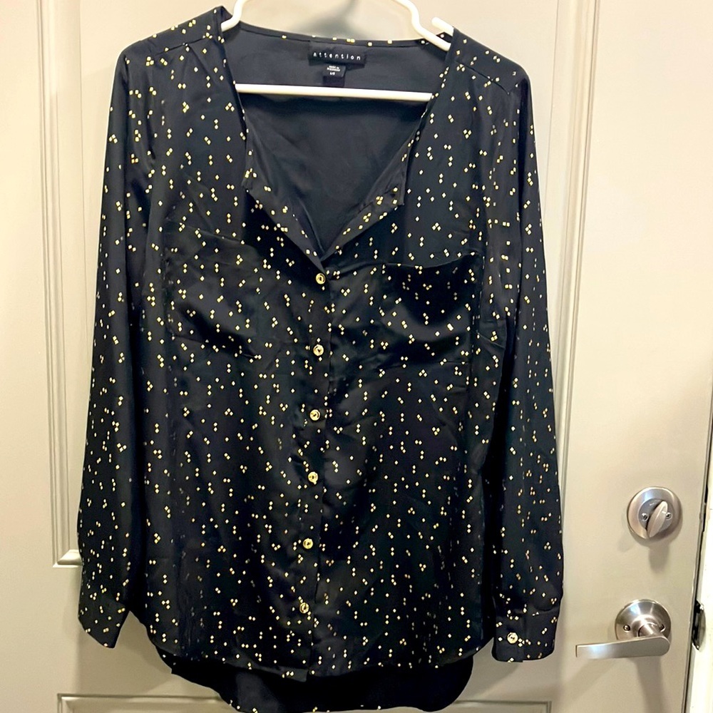 Attention Womens L Black Button Front Blouse